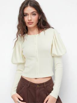 Cider - Button Front Women Puff Sleeve Round Neck Top Cream