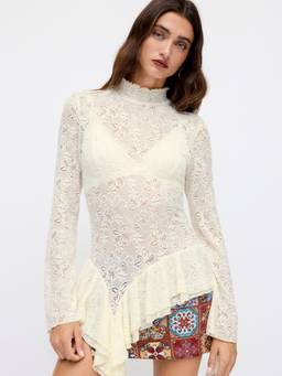 Cider - Textured Women's High Neck Sheer Asymmetrical Ruffle Hem Top Beige