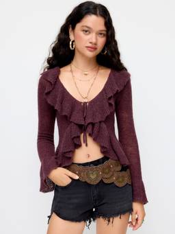 Cider - Knit Mohair-Blend Women V-Neck Tie-Up Ruffle Cardigan Burgundy