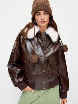 Cider - Faux Leather Women Faux Fur Collar Button Jacket Coffee