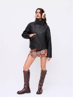 Cider - Faux Leather Women's Zip-Through Collar Oversized Jacket Black
