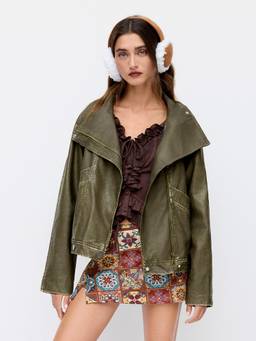 Cider - Faux Leather Women Zip-Through Collar Oversized Jacket Dark Green