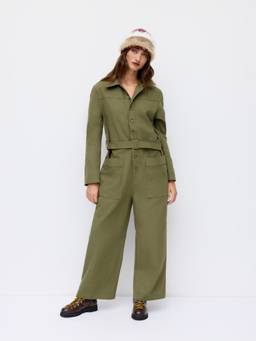 Cider - Cotton Blend Women's Belted Cargo Straight-Leg Jumpsuit Green