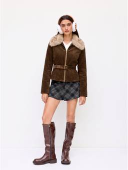 Cider - Corduroy Women's Faux Fur Collar Belted Jacket Brown