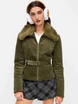 Cider - Corduroy Women's Faux Fur Collar Belted Jacket Olive