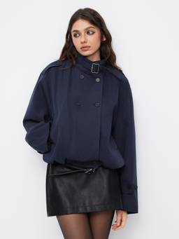 Cider - High Neck Women Double-Breasted Belted Oversized Coat Dark Denim