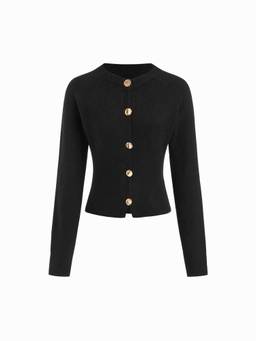 Cider - Knit Women’s Metal Button Round Neck Cardigan Black