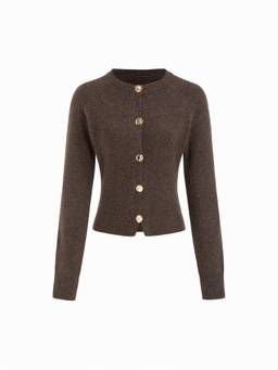 Cider - Knit Women Button-Up Round Neck Cardigan Coffee