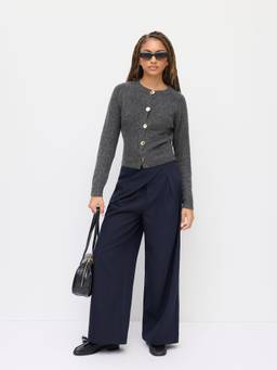 Cider - Knit Women’s Metal Button Round Neck Cardigan Grey