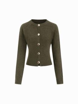 Cider - Knit Women's Round Neck Metal Button Cardigan Olive Green