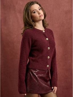 Cider - Knit Women’s Metal Button Round Neck Cardigan Wine