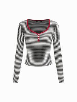 Cider - Striped Women's Sweetheart Neck Full Sleeve Tee Black & White