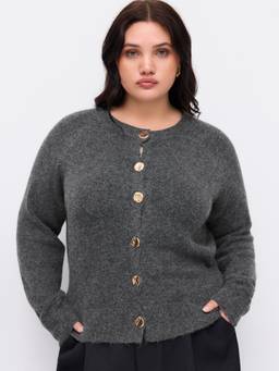 Cider - Knit Women's Metal Button Round Neck Cardigan Dark Grey