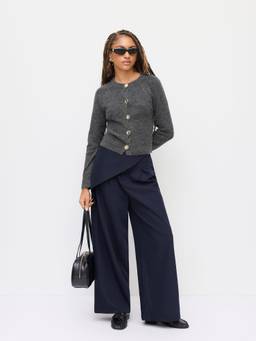 Cider - Wrinkle-Free Women's Mid-Waist Wrap Wide-Leg Trousers Navy Blue