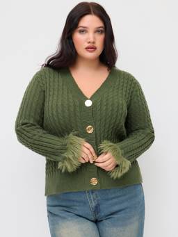 Cider - Cable Knit Women Metal Button V-Neck Cardigan Green