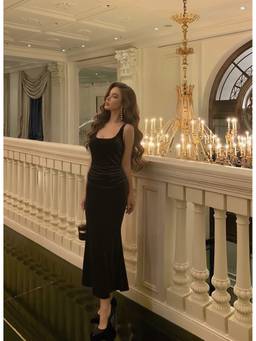 Cider - Velvet Women Ruched Scoop Neck Maxi Dress Black