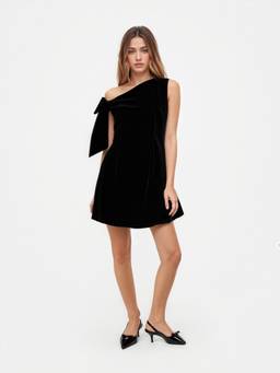 Cider - Velvet Women's Asymmetrical Neck Bow Mini Dress Black