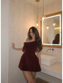 Cider - Velvet Women's Asymmetrical Neck Bow Mini Dress Wine