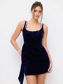 Cider - Velvet Women's Rhinestone Ruched Corset Mini Dress Navy Blue