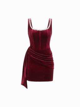 Cider - Rhinestone Women's Ruched Corset Mini Dress Wine
