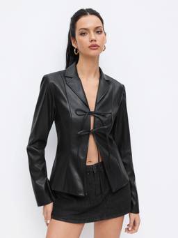 Cider - Faux Leather Women Tie-Up Collar Bell Sleeve Jacket Black