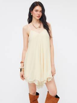 Cider - Chiffon Women's V-Neck Knotted Ruffle Hem Cami Mini Dress Beige