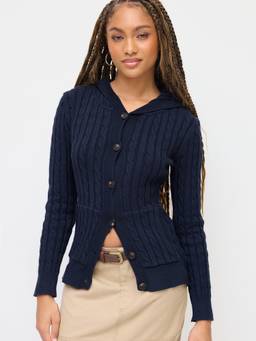 Cider - Cable Knit Women's Hooded Button-Up Cardigan Navy Blue