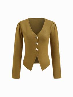Cider - Knit Wool-Blend Women's V-Neck Asymmetrical Hem Cardigan Brown