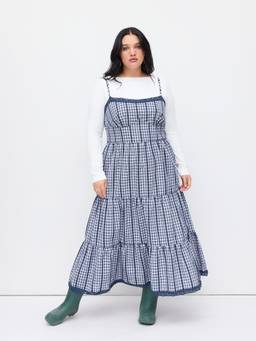 Cider - Gingham Lace Trim Women's Shirred Tiered Maxi Dress Blue