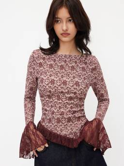 Cider - Floral Lace Trim Women's Ruched Asymmetrical Hem Top Purple