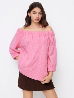 Cider - Cable Knit Women’s Boat Neck Pullover Sweater Pink