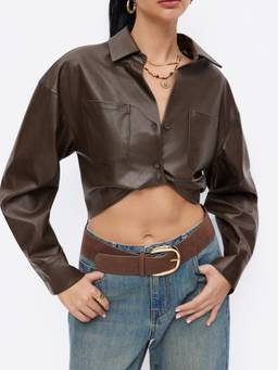 Cider - Twisted Knot Women Faux Leather Cropped Jacket Coffee
