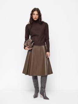 Cider - Faux Leather Women Mid-Rise A-Line Midi Skirt Brown