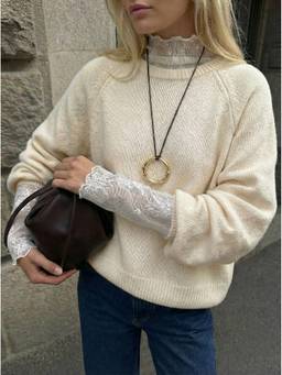 Cider - Knit Women's Oversized Round Neck Lantern Sleeve Sweater Cream