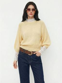 Cider - Knit Women's Oversized Lantern Sleeve Pullover Sweater Yellow