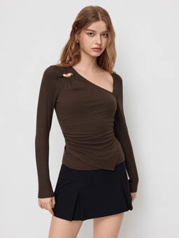 Cider - Metal Detail Women Ruched Asymmetrical Neck Top Brown