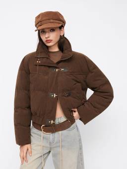 Cider - Corduroy Women Stand Collar Buckle Zip Puffer Jacket Brown