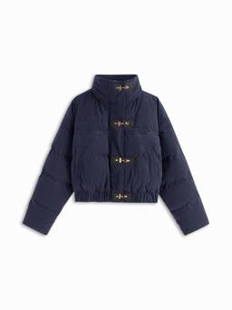 Cider - Corduroy Women Stand Collar Buckle Zip Puffer Jacket Navy Blue