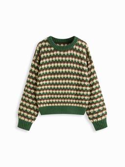 Cider - Geometric Knit Women Oversized Crew Neck Sweater Dark Green