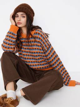 Cider - Geometric Knit Women’s Oversized Crew Neck Sweater Orange