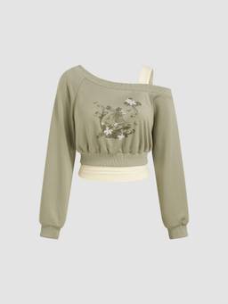 Cider - Terry Floral Women's Asym Neck Crop Top Olive