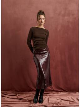 Cider - Wool-Blend Knit Women Ruched Boat Neck Top Brown