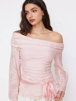 Cider - Lace Women's Floral Ruched Off-Shoulder Top Pink