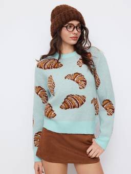Cider - Knit Croissant Women's Oversized Printed Pullover Sweater Blue