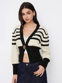 Cider - Knit Wool-blend Women's Striped V-Neck Button Top Beige