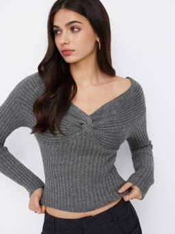 Cider - Knit Women's Twist V-Neck Long Sleeve Top Grey