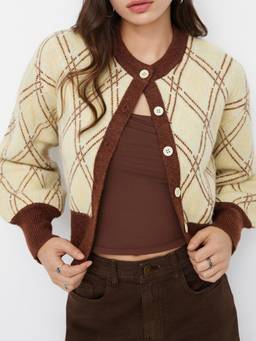 Cider - Knit Plaid Women’s Button-Up Round Neck Cardigan Yellow