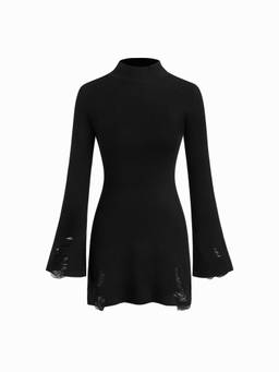 Cider - Knit High Neck Women's Ripped Bell Sleeve Mini Dress Black
