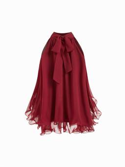 Cider - Knotted Layered Women's Halter Neck Ruffle Hem Blouse Burgundy