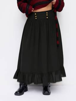 Cider - Solid Women's Mid-Rise Lace-Up Ruffle Maxi Skirt Black